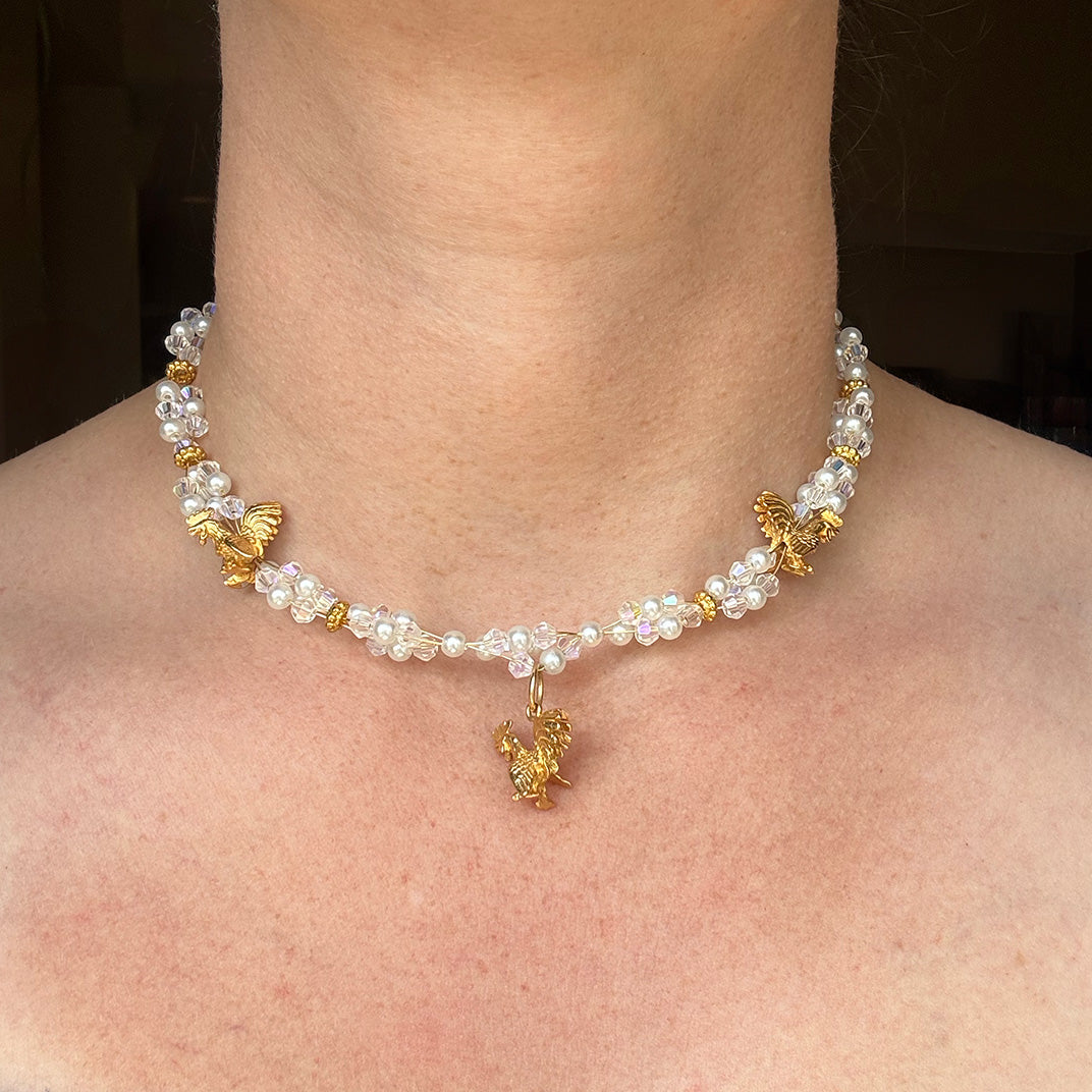 Farmhouse Cock Pearl Charm Choker Necklace